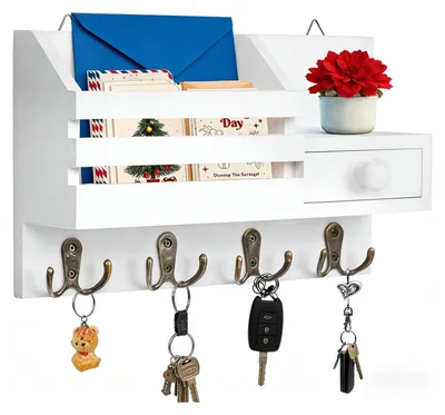 Schlüsselhalter aus Holz mit Ablage und Schublade, weiß
