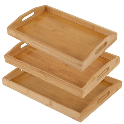 3 Bambus-Tabletts mit Griffen, 41/38/35 x 29/25/22 x 5 cm