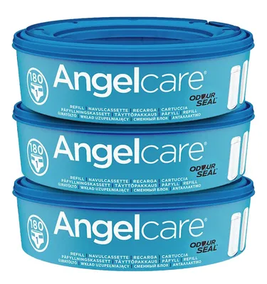 Three blue Angelcare refill cartridges stacked on a white background.