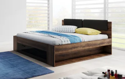 Produktbild von Geräumiges Bett SÁRA mit gepolstertem Kopfteil und Schublade, Eiche Monastery