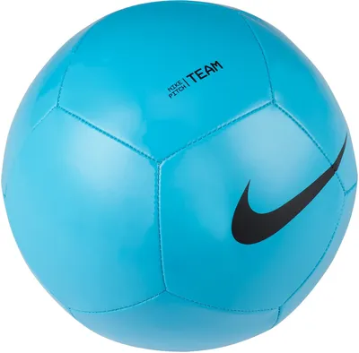 A close-up studio shot of a blue soccer ball.