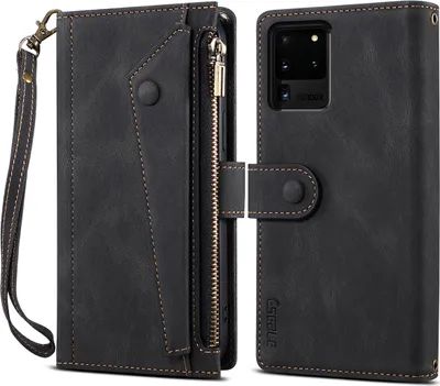 Image de Etui de protection pour Samsung Galaxy S20 Ultra / S20 Ultra 5G, étui en cuir avec fermeture éclair, portefeuille pliable avec fente pour cartes, support et sangle noir