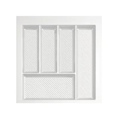 Produktbild von Besteckkasten für 50 cm Schublade Weiß – Zuschneidbar (B: 39-45 cm x T: 42-49 cm) – Besteckeinsatz 5 Fächer – Anti-Rutsch Riffelboden