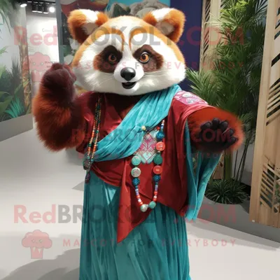 Produktbild von Cyan-roter REDBROKOLY Panda Maskottchen Kostüm charakter bekleidet mit einem Maxikleid und Ringen