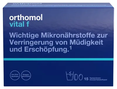 Produktbild von Orthomol Vital f für Frauen - bei Müdigkeit - mit B-Vitaminen, Omega-3-Fettsäuren und Magnesium - Orangen-Geschmack - Granulat/Tabletten/Kapseln, 15 St. Tagesportionen