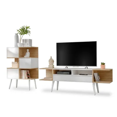 Produktbild von komodee Forio Möbelset Wohnwand TV, Weiß Eiche, 230x35x102 cm, TV-Schrank & Regal, für Wohnzimmer, Esszimmer und Schlafzimmer