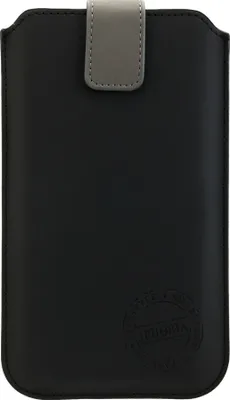 A black smartphone sleeve with a gray closure tab.