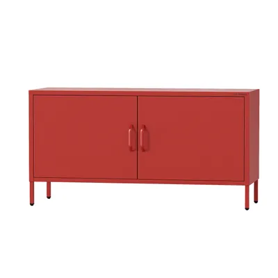 A red cabinet with two doors and handles is shown against a white background.