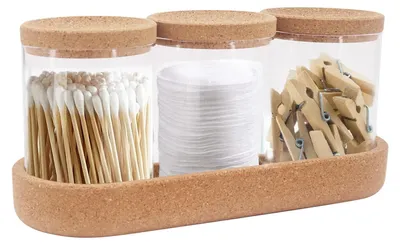 Image de Solidchoice - Boîte de rangement pour cotons-tiges, composée de 3 compartiments avec couvercles en liège