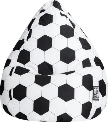 A beanbag chair with a soccer ball pattern.