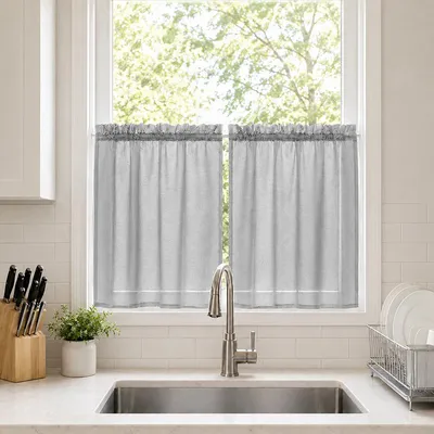 Immagine prodotto di Set da 2 tende a pannello effetto lino, semitrasparenti, corte, in voile, per cucina, L85xA91 cm, grigio chiaro