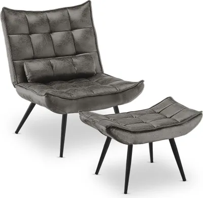 Produktbild von MCombo moderner Sessel Relaxsessel für Wohnzimmer, mit Taillenkissen, Retro Vintage Lesesessel Loungesessel Stuhl Polstersessel, 4779 (mit Hocker, Dunkelgrau-Mikrofaser)