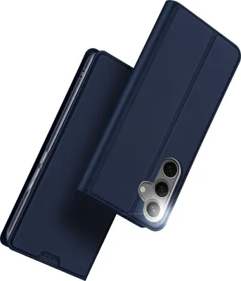 A dark blue flip case for a smartphone is shown at a diagonal angle against a white background. The case is partially open, revealing the phone's camera module.