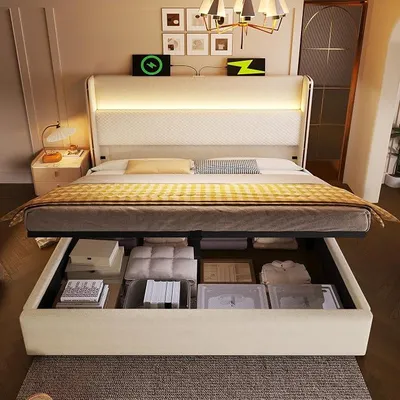 Image de Lit coffre hydraulique 140x200 avec éclairage LED et ports USB/Type-C, lit tapissé avec une tête de lit haute, structure de lit double avec espace de rangement et sommier à lattes, en lin, sans matelas, couleur beige