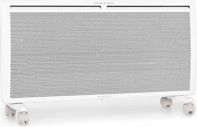 A white electric heater with a perforated front panel and wheels is shown against a white background.