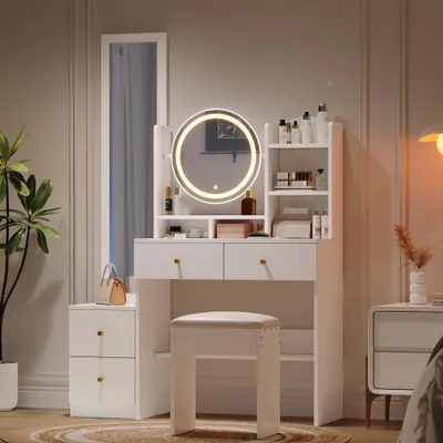 Zdjęcie produktu dla toaletka na buty 4 w 1, toaletka do makijażu, z pełnowymiarowym lustrem i obrotowym lustrem stołowym, stołek toaletowy, 3-kolorowe oświetlenie LED, metalowy uchwyt, biały, wymiary: wys. 164 cm × szer. 109 cm × gł. 36 cm