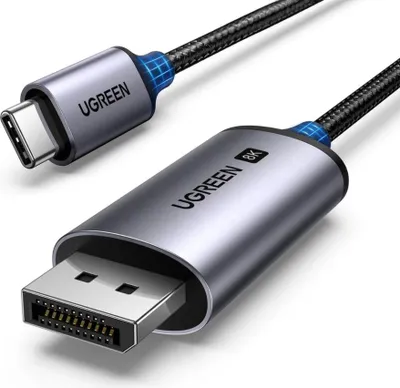 A close-up studio shot of a Ugreen USB-C to DisplayPort cable.