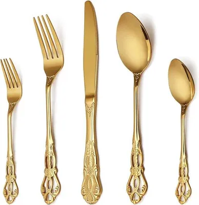 Produktbild von DigiRigi® 20-teiliges Besteckset Gold – 18/10 Edelstahl, für 4 Personen, hochglanzpoliert, spülmaschinenfest, königliches Design