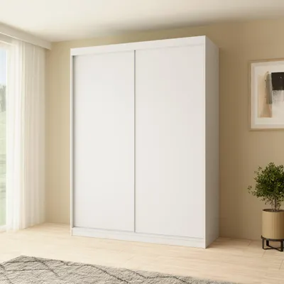Image de BEAUTYSOFA | Armoire MARIO 160 cm blanche – Armoire moderne sans miroir, avec portes coulissantes, design minimaliste