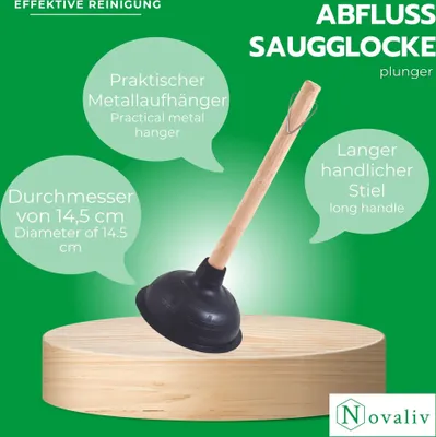 Produktbild von Novaliv Abflussreiniger, 140 mm Durchmesser, Saugglocke. Abflussreiniger, Toilettenreiniger. Pömpel mit Holzstiel. WC-Pömpel mit einem Durchmesser von 14,5 cm. Ideal als Abflussreiniger für verstopfte Abflüsse. Pumpfix