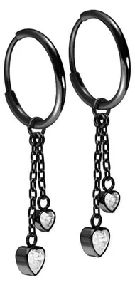 Produktbild von Titan Ohrclicker Creolen 2 KRISTALLHERZEN Schwarz Innendurchmesser: 12mm + Designstärke: 1,2mm