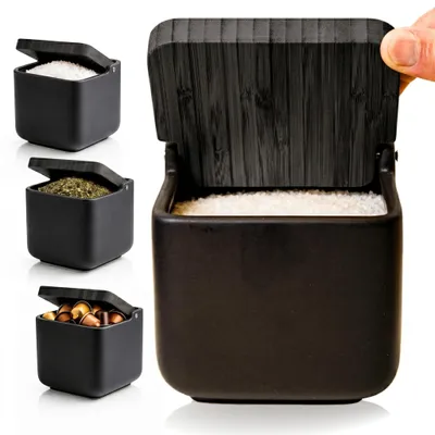 Salzstreuer aus Keramik mit Bambusdeckel, schwarz, 11 cm