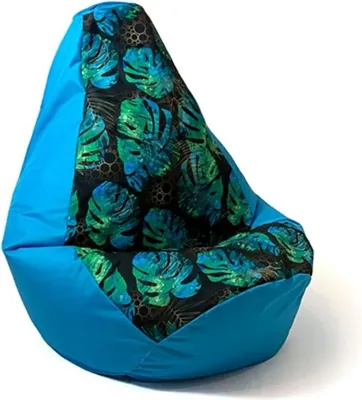 Imagen del producto de Puf saco con estampado de hojas de monstera azules, forma de pera, dimensiones: 105 x 80 cm
