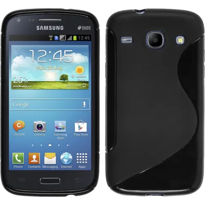 A black Samsung Galaxy Core smartphone is shown from the front and back, displayed next to a black silicone S-style case.