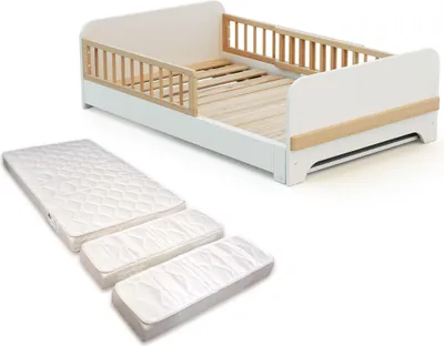 Immagine prodotto di JURABABY - Letto per bambini estensibile in legno 80x140-165-190 CARROUSEL con materasso - Bianco, Letto trasformabile con 3 lunghezze, Rete a doghe, barriere anticaduta, compatto