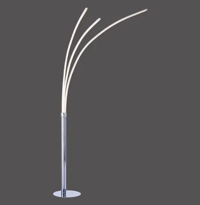A modern chrome floor lamp with three curved LED light sources against a plain gray background.