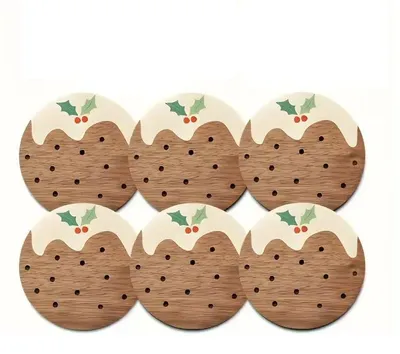 6er-Set Holz-Untersetzer Weihnachtspudding, rund, 15 cm