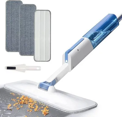 Productafbeelding van Unyqoos® Spraymop – Dweil met 360° draaikop, 350 ml tank, 3 wasbare microvezeldoekjes en een schraper, geschikt voor laminaat, parket en tegels