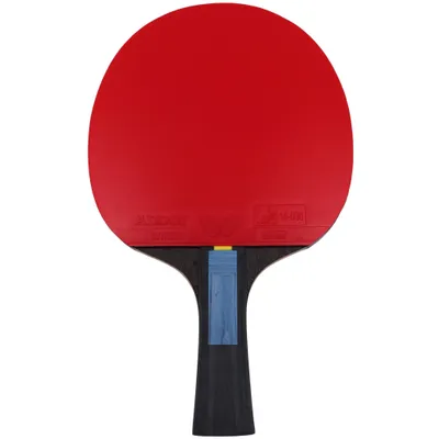 A table tennis racket with a red surface and a black handle.