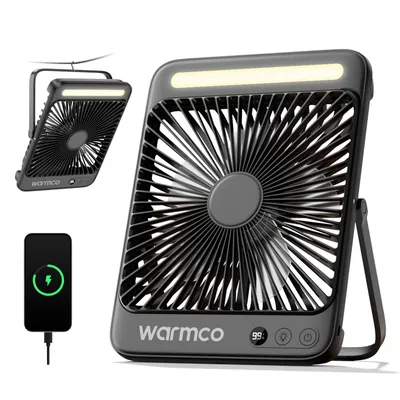 Produktbild von Warmco D4 Akku Camping Ventilator 20000mAh, LED-Lampe, 48 Std. Laufzeit | Leiser Ultraflacher Ventilator Mit Display & Haken Für Zelt, Büro, Wohnmobil