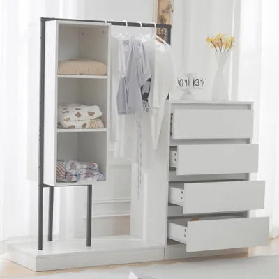 Zdjęcie produktu dla Komplet mebli do pokoju dziecięcego, składający się z szafy z szufladami, komody i wieszaka na ubrania – elegancki zestaw, kolor biały, wymiary: 140 cm / 40 cm / 135 cm