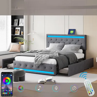 Image de Lit rembourré 140x200 cm, LED, 4 tiroirs, USB, coffre en lin, sommier bois -Gris