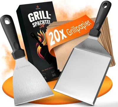 Zdjęcie produktu dla Zestaw szpatułek do grillowania Flammtal ze stali nierdzewnej – wysokiej jakości szpatułka do planchy, w zestawie 20 arkuszy papieru do smażenia burgerów typu "smash burger" – szpatułka do planchy i płyty Teppanyaki