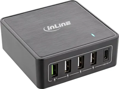 Produktbild von InLine PD + QC 3.0 USB Netzteil, Ladegerät, 4x USB A + USB-C, 60W, Drinnen, AC, 20 V, Schwarz