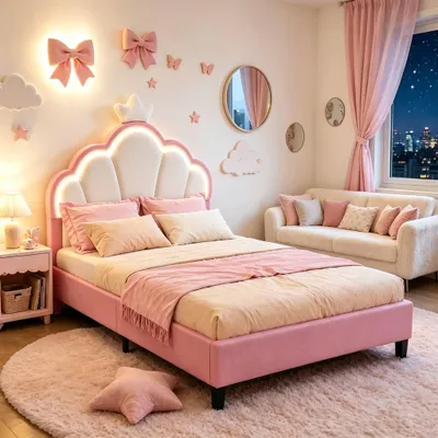 Produktbild von INONEFT Kinderbett Polsterbett 90x200 cm, Prinzessin Einzelbetten mit LED, Mädchen Jugendbett mit verstellbarem Kopfteil, Kronen-Design, Samt Rosa