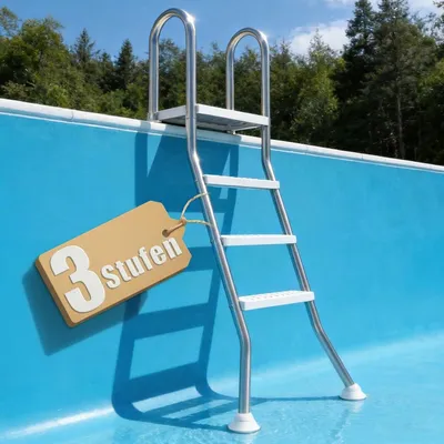 Produktbild von Poolleiter mit 3 Stufen aus 304 Edelstahl, rutschfeste Schwimmbadtreppe, mobile Einstiegshilfe für teilversenkte Pools bis 115 cm Beckentiefe