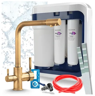 Image de Robinet de cuisine Ari 3 voies, modèle Venom, en laiton, pour évier. Livré avec le système de filtration d'eau Aquaphor Ro-202S Pro, installation sous l'évier