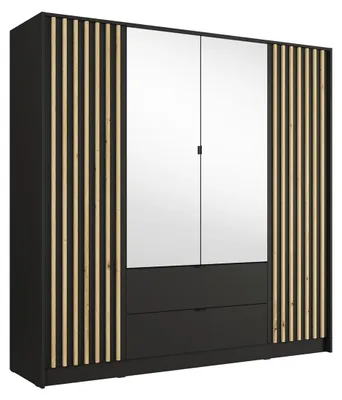 Immagine prodotto di Armadio TORVIK 4 porte con specchi, cassetti e listelli nero e rovere 200 cm