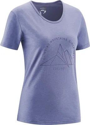 Edelrid Highball T-Shirt für Damen in lila mit Bergmotiv und Schriftzug "Climbing Mountains Since 1863".