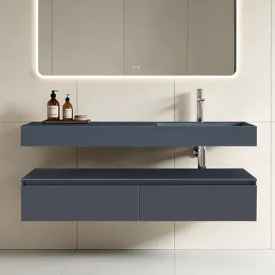 Image de doporro Meuble de Salle de Bain Gris Noir Mat Ensemble de 2 Pièces Meuble avec Lavabo 150cm Design Up avec 2 Grands Tiroirs
