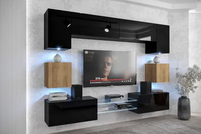 Produktbild von Furnitech Wohnwand Wohnzimmer - Wohnzimmer Möbel mit LED Weiß - Hängend Wohnwand Modern - Wohnzimmer Schrankwand mit Regale und TV Schrank (Nowara ANX1-17BDZ-HGM-33-1A)