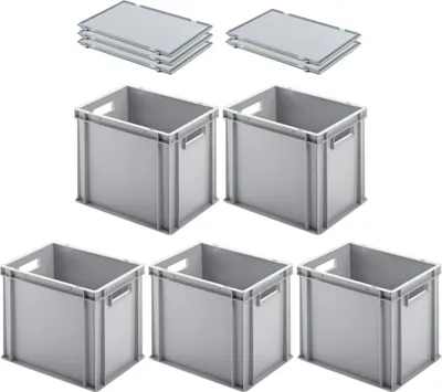 Produktbild von SuperSparSet 5x Eurobehälter mit offenem Griff und Scharnierdeckel | HxBxT 32x30x40cm | 29 Liter | Grau | Eurobox, Transportbox, Transportbehälter, Stapelbehälter