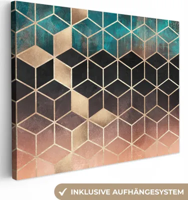 Produktbild von MuchoWow® - Leinwandbilder - Abstrakt - Würfel - Gold - Muster - Luxus, Wandbild, Wanddeko Bilder Wohnzimmer, 120x90 cm