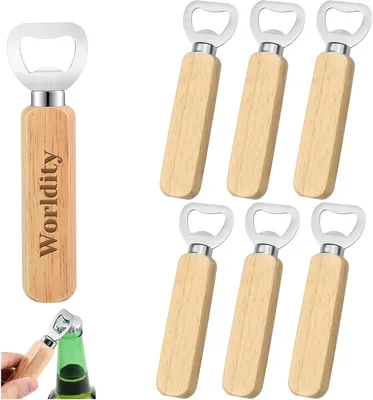 Productafbeelding van Flesopener met houten handvat - 6 stuks - Natuurlijk hout - Kroonkurkopener - Draagbare bierflesopener van roestvrij staal en hout