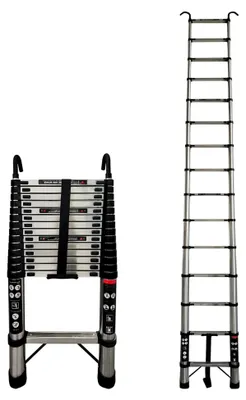 Produktbild von Teleskopleiter 4,4 m mit Haken, 14 Stufen, ausziehbare Edelstahl-Klappleiter in Silber