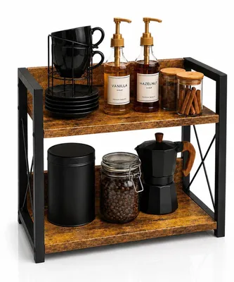 Image de Étagère de cuisine, 2 niveaux, en bois et en métal, organisateur à café et étagère à épices
